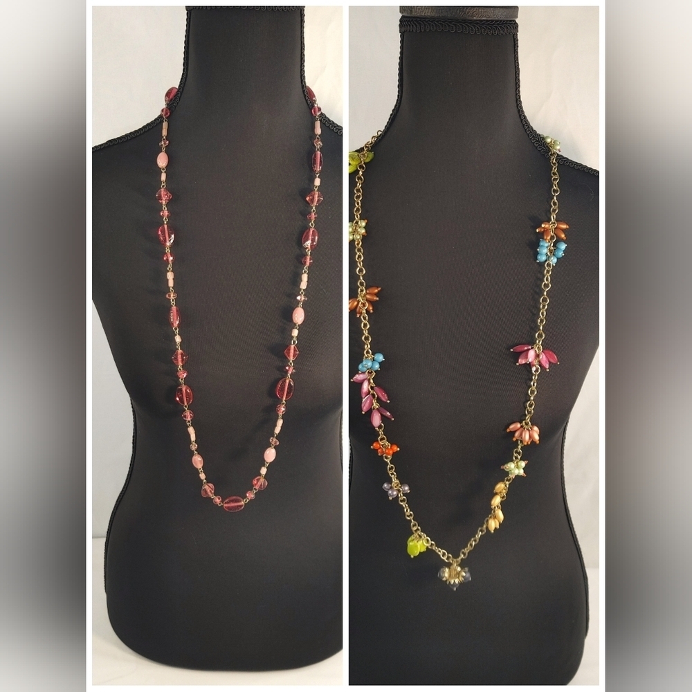 Boho Beaded Necklace Bundle Long Statement Pink Glass + Multicolor Charm